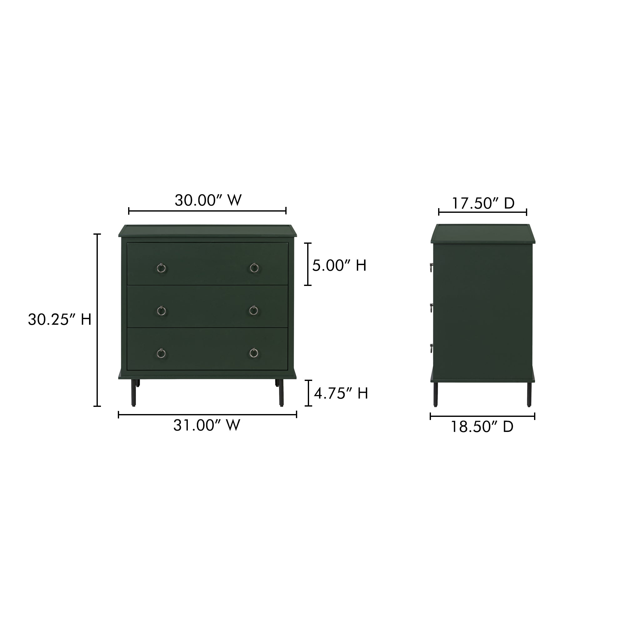 Reagan 3 Drawer Nightstand Deep Green