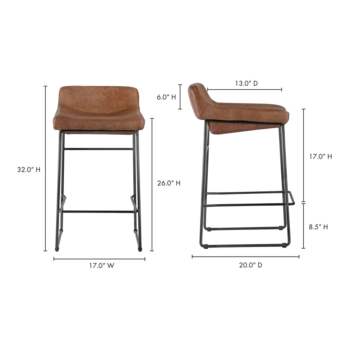 Starlet Counter Stool Open Road Brown Leather - Set Of Two by Moe's Home
