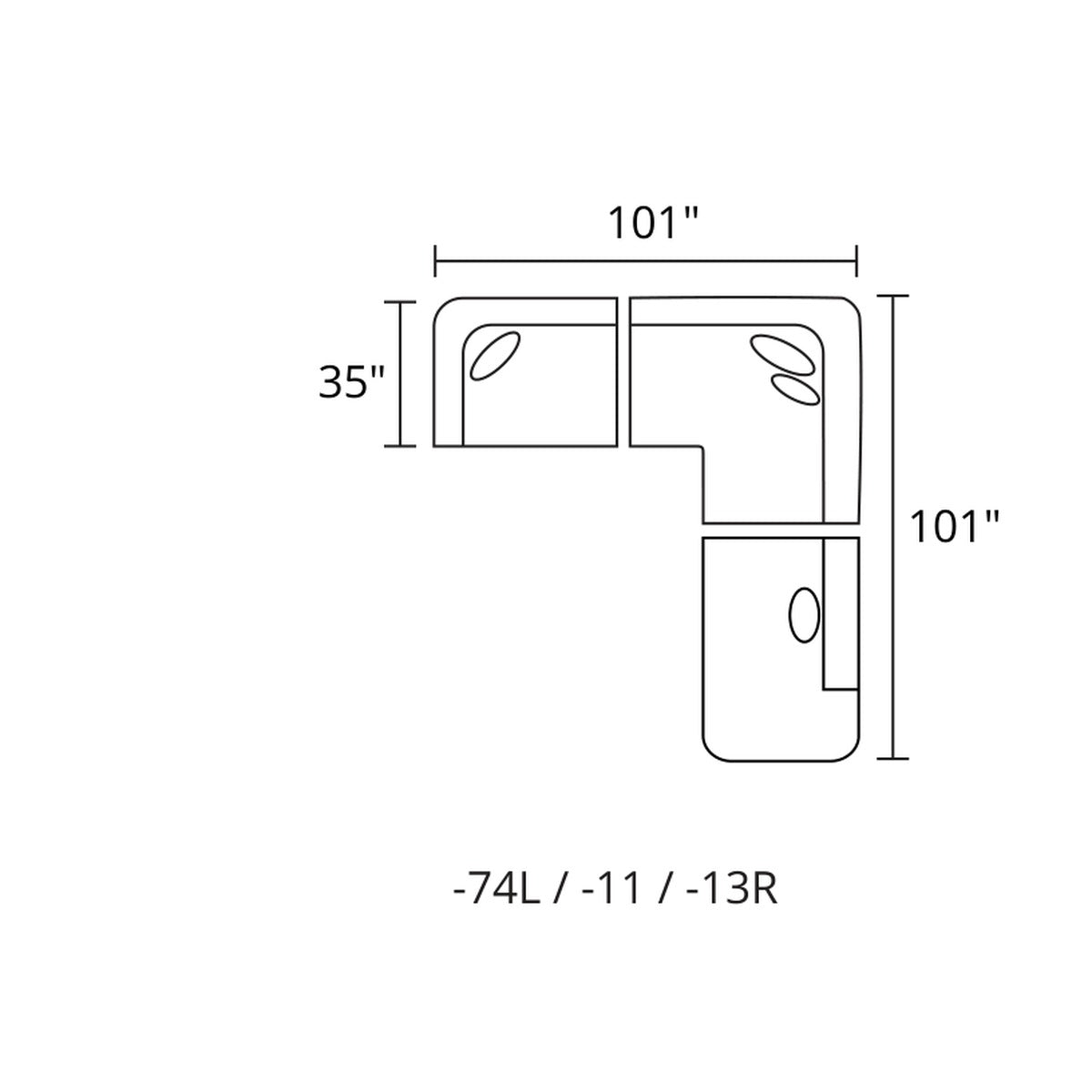 3-Pc L-Sectional Bumper Right layout — 101 x 101 in (-74L / -11 / -13R)