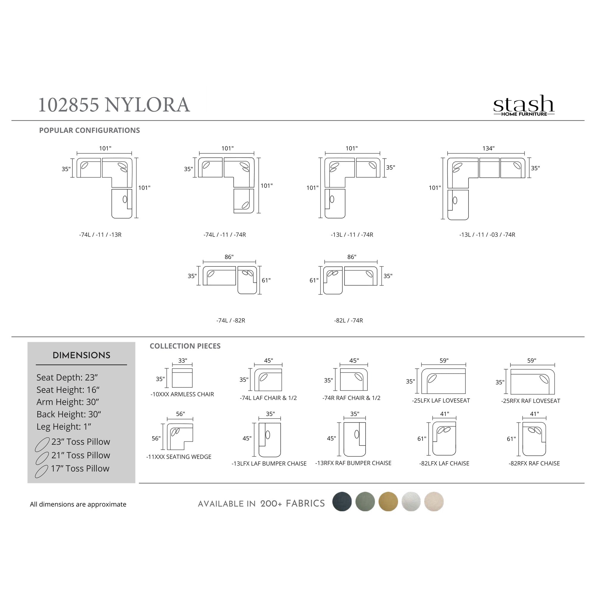 NYLORA 102855 configurations, pieces and dimensions schematic