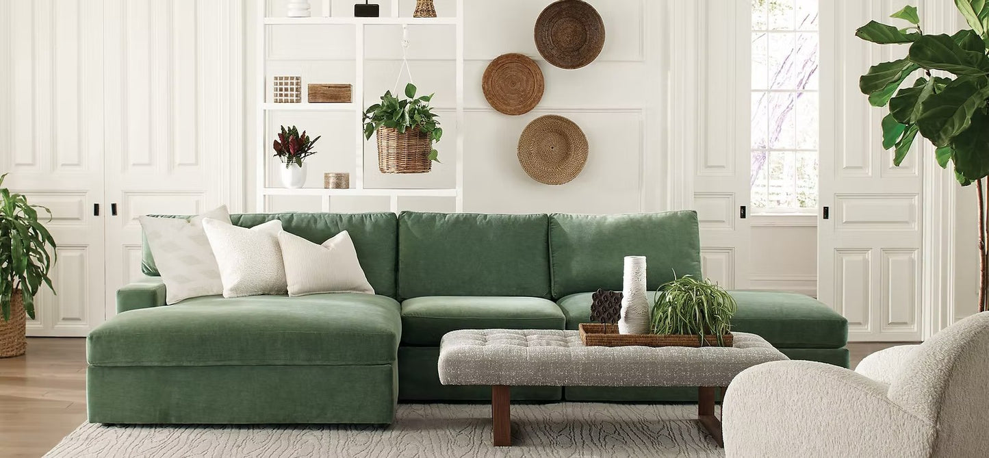 BINGCROFT sectional in sage green chenille, lifestyle setting — LAF cuddler chaise, armless chair, RAF bumper chaise — Model 102851