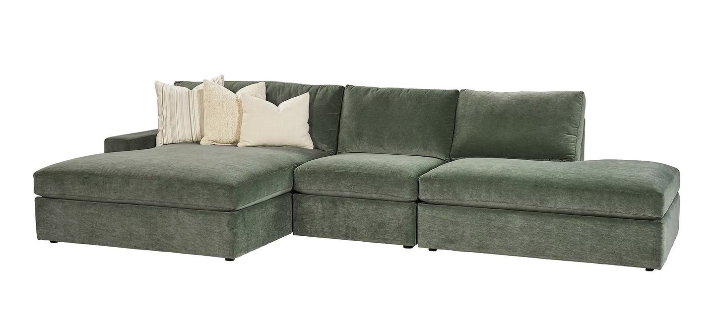 BINGCROFT sectional in sage green chenille, studio silo — LAF cuddler chaise, armless chair, RAF bumper chaise — Model 102851