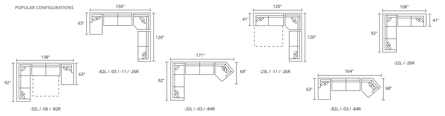 DAWNTON popular sectional configurations — dimension drawings — Model 86623