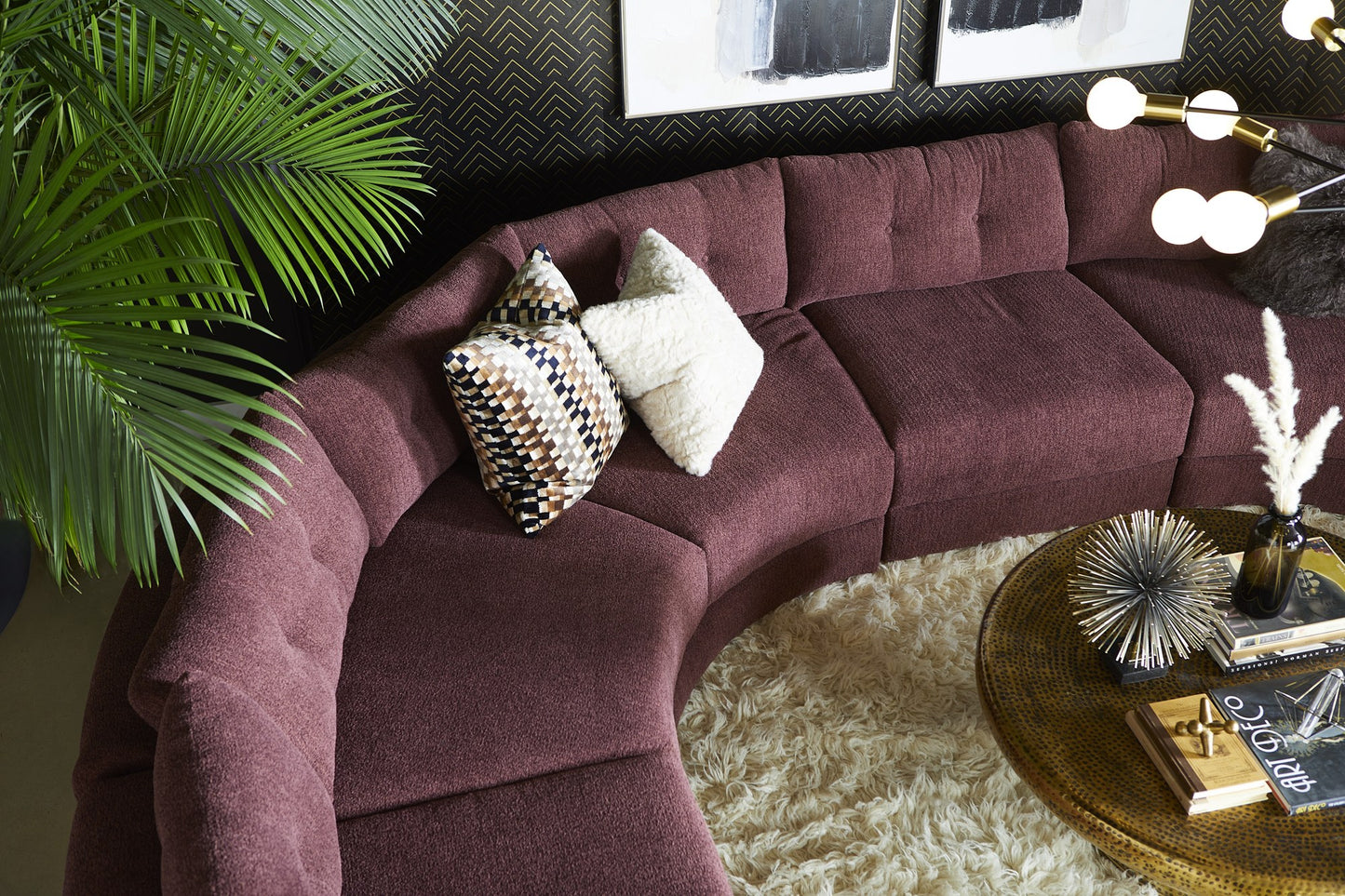 DEONO sectional in an eclectic living room, wide view