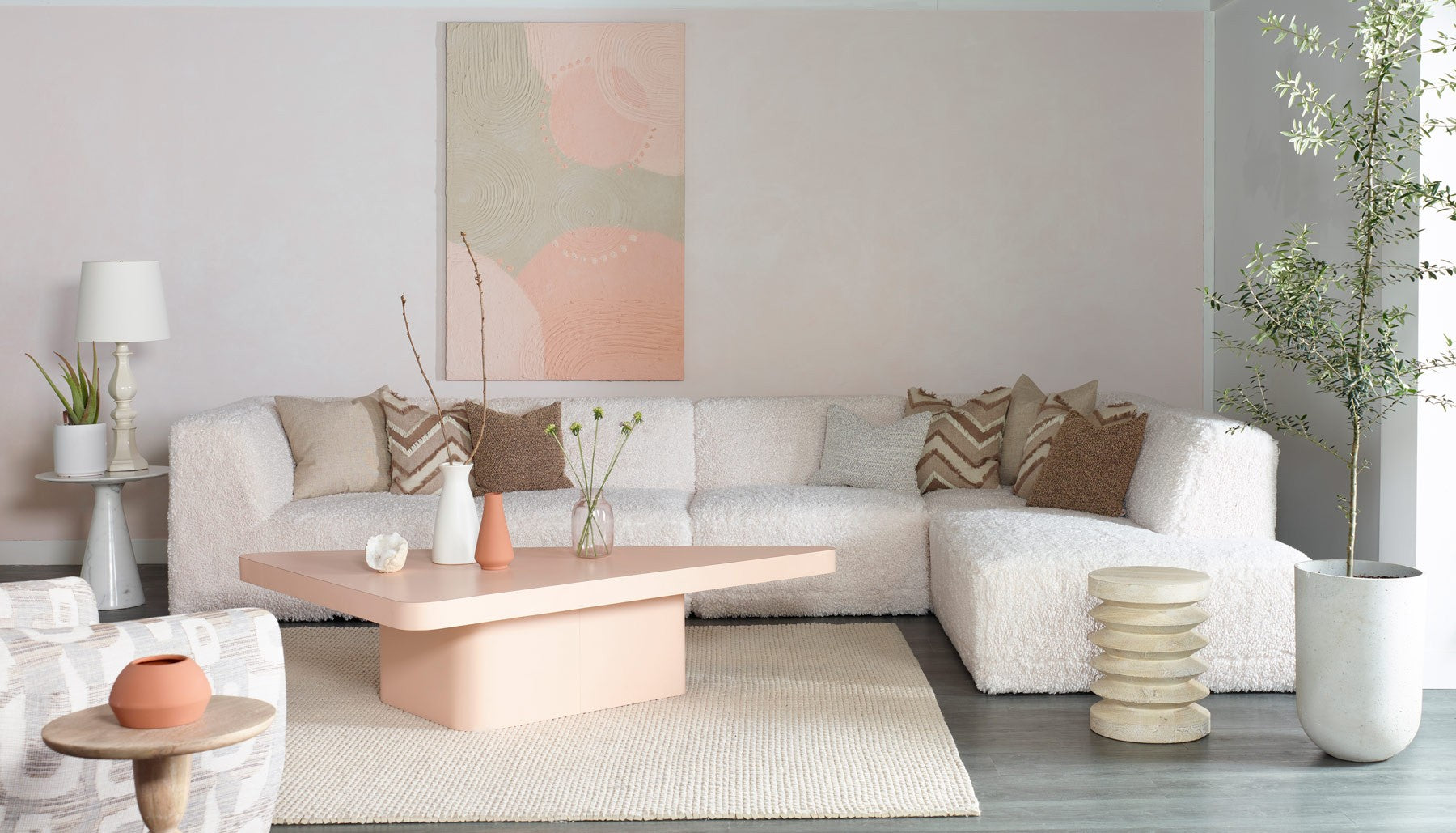FINSBURY sectional in a bright bouclé living room