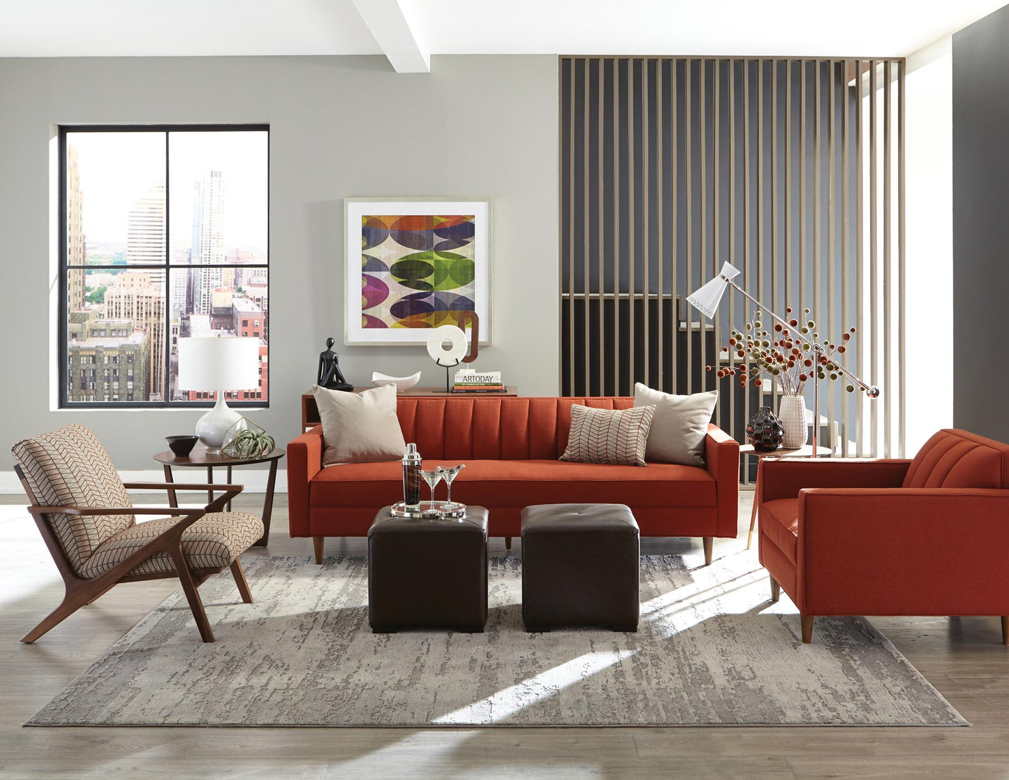 JACE arm chair, loveseat and ottoman styled together in a living room