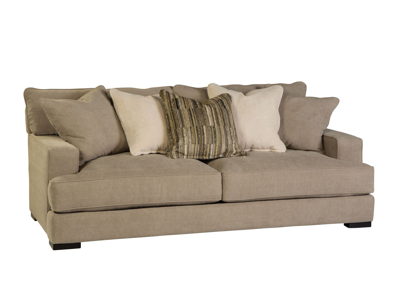 MATHIS sofa in a stone fabric with patterned pillows