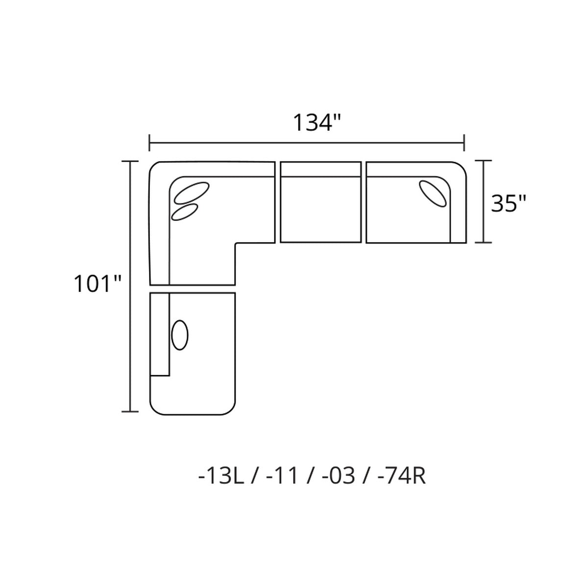 4-Pc L-Sectional layout — 134 x 101 in (-13L / -11 / -03 / -74R)