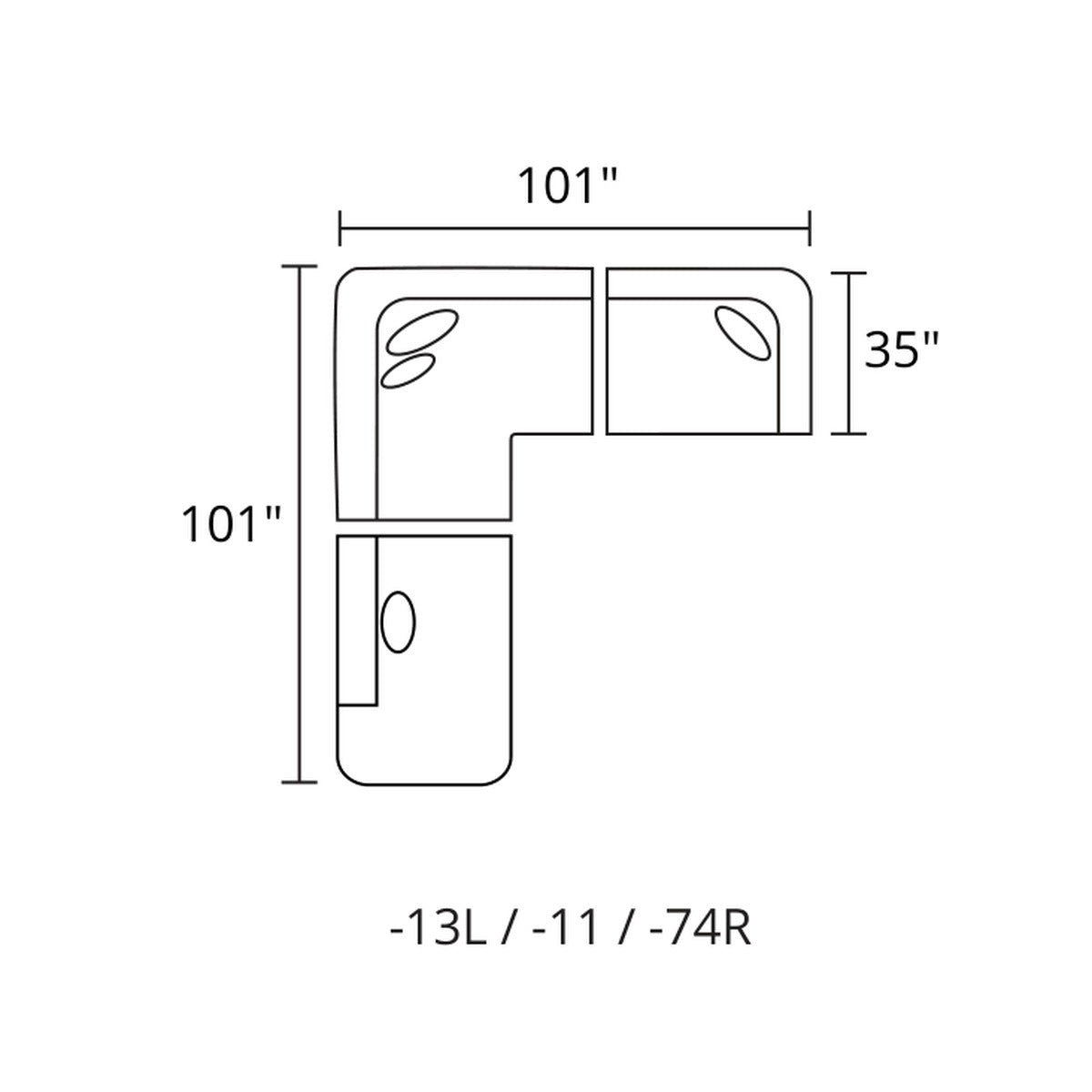 3-Pc L-Sectional Bumper Left layout — 101 x 101 in (-13L / -11 / -74R)