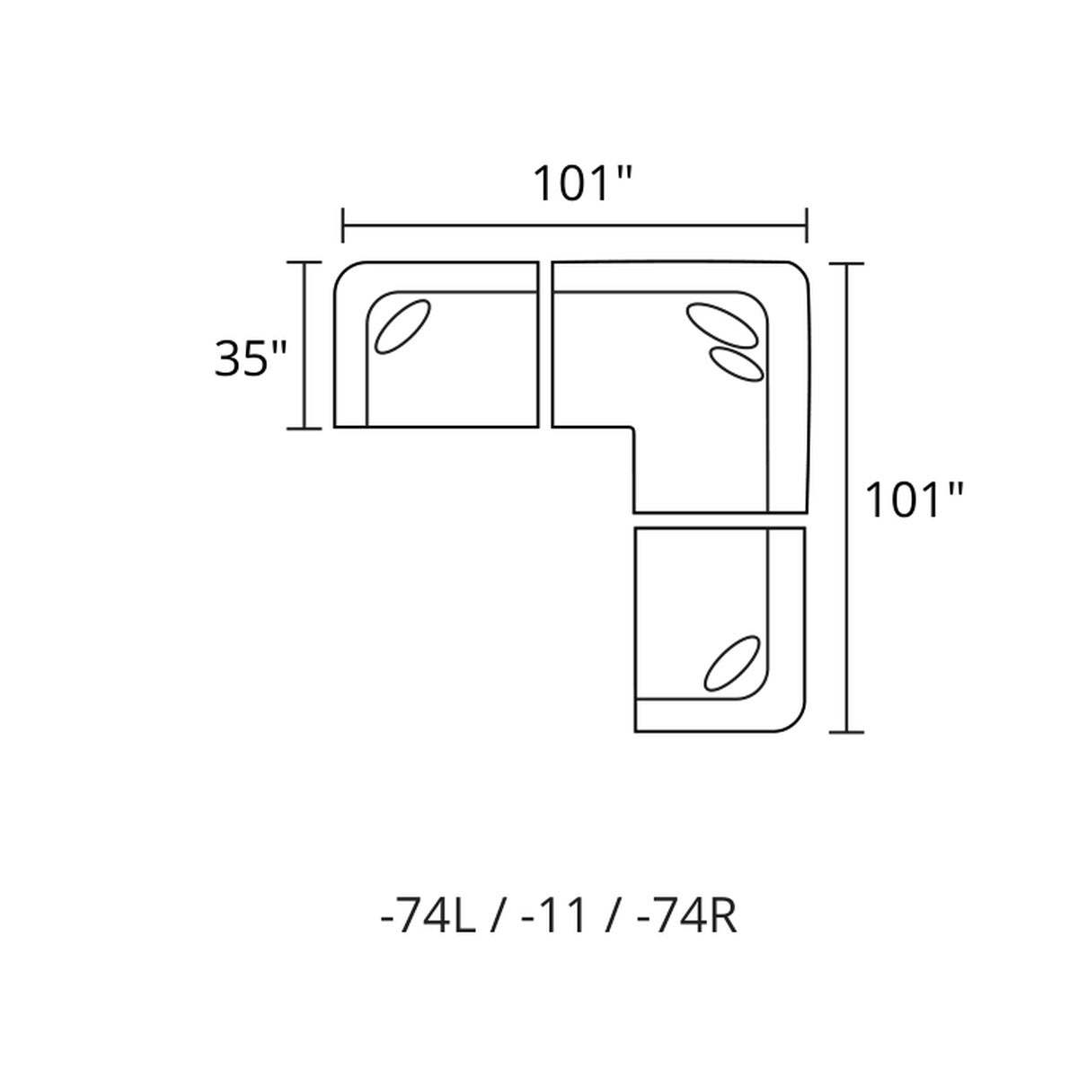 3-Pc L-Sectional Two Arms layout — 101 x 101 in (-74L / -11 / -74R)
