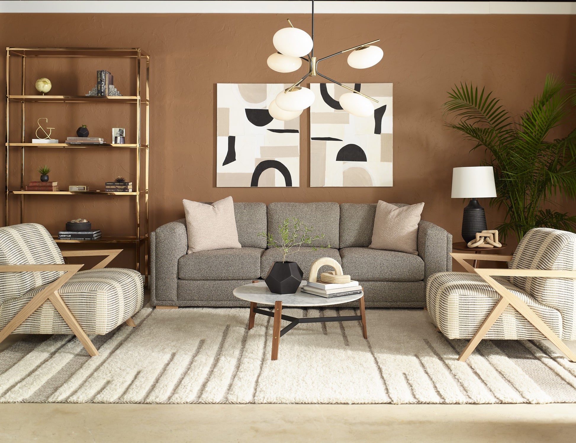 OLSEN sectional in a warm living room, gray fabric with taupe toss pillows