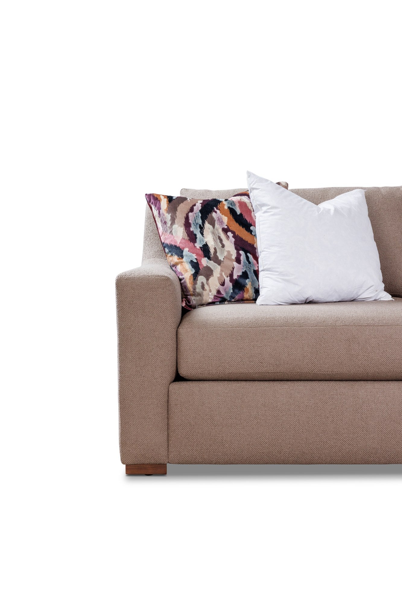WILSHIRE sectional in Esber Mushroom, arm and pillow detail